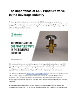 The Importance of CO2 Puncture Valve in the Beverage Industry
