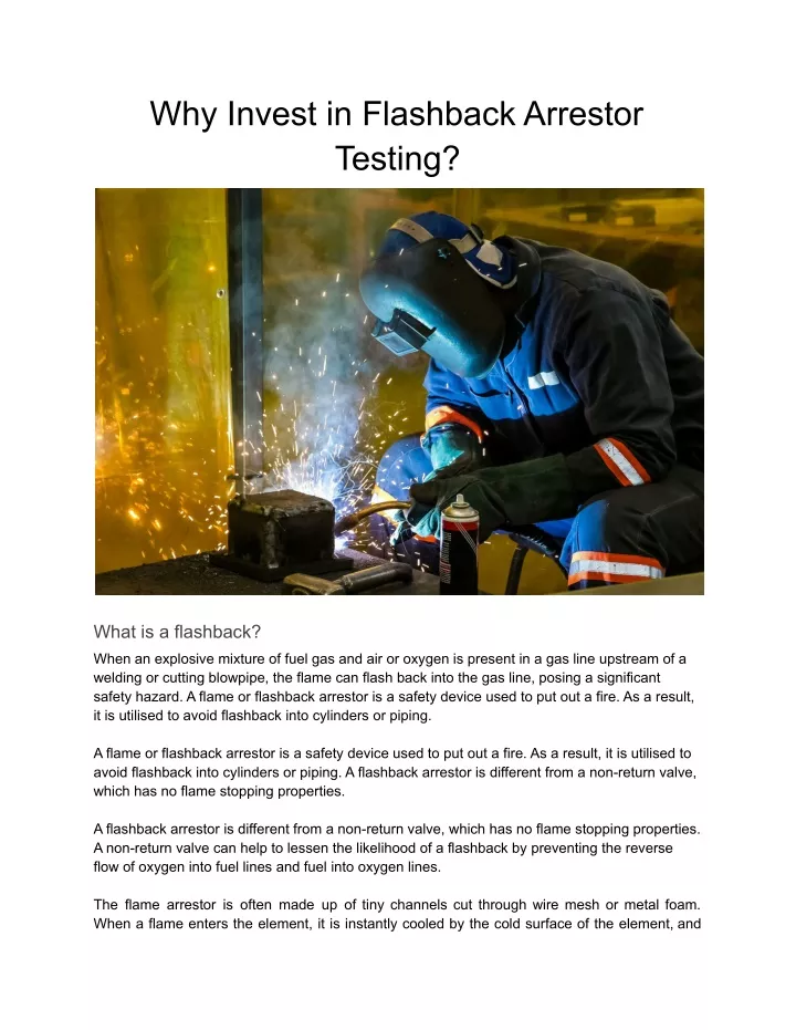 why invest in flashback arrestor testing