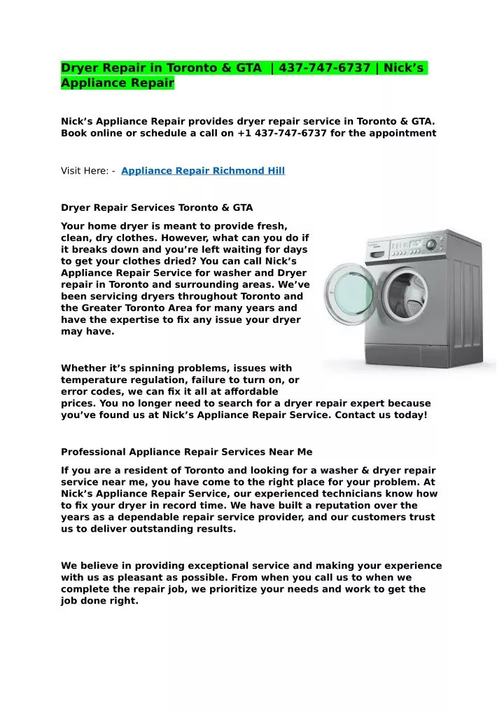 dryer repair in toronto gta 437 747 6737 nick