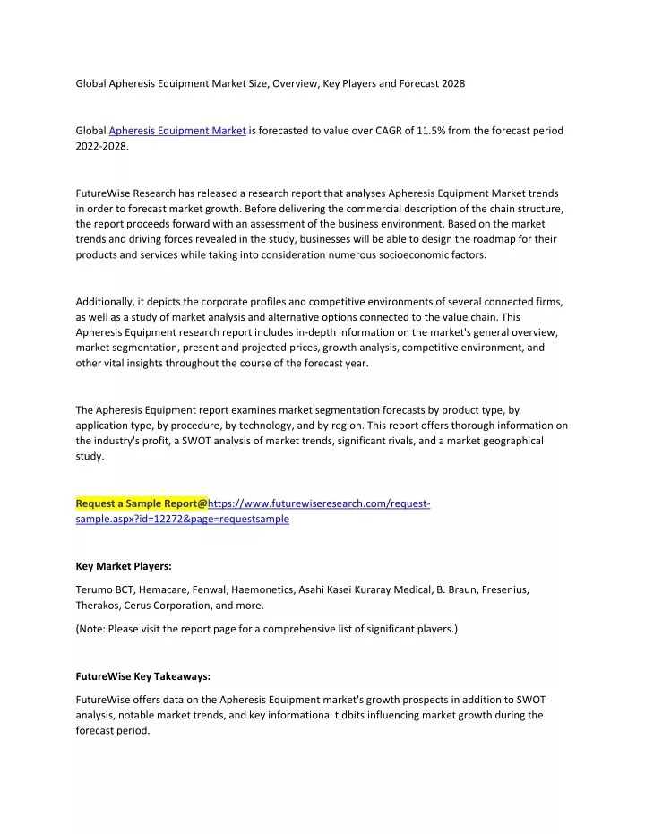 global apheresis equipment market size overview