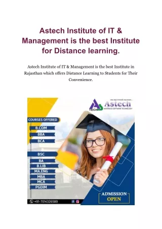 Astech Institute of IT & Management is the best Institute for Distance learning