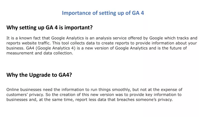 importance of setting up of ga 4 why setting