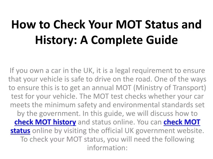 PPT How To Check Your MOT Status And History A Complete Guide   How To Check Your Mot Status And History A Complete Guide N 