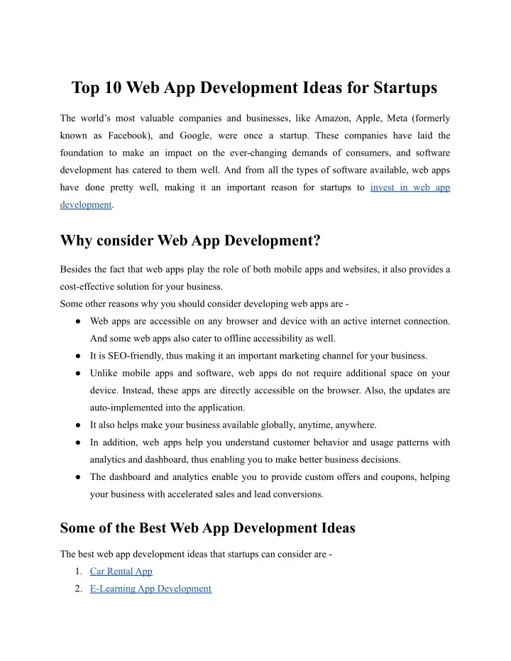 top 10 web app development ideas for startups