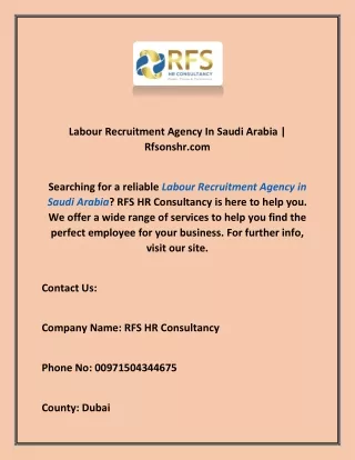Labour Recruitment Agency In Saudi Arabia | Rfsonshr.com