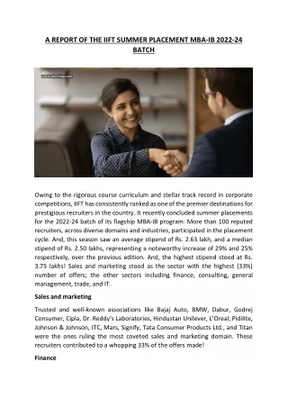 A REPORT OF THE IIFT SUMMER PLACEMENT MBA-IB 2022-24 BATCH