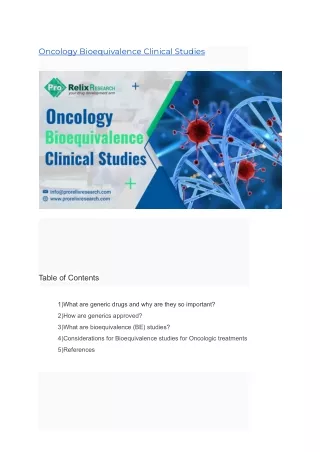 Oncology Bioequivalence Clinical Studies