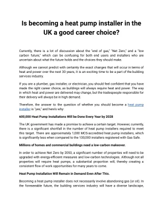 Is becoming a heat pump installer in the UK a good career choice