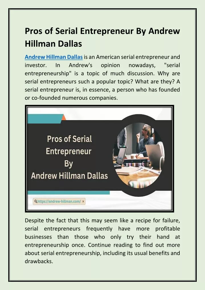 pros of serial entrepreneur by andrew hillman