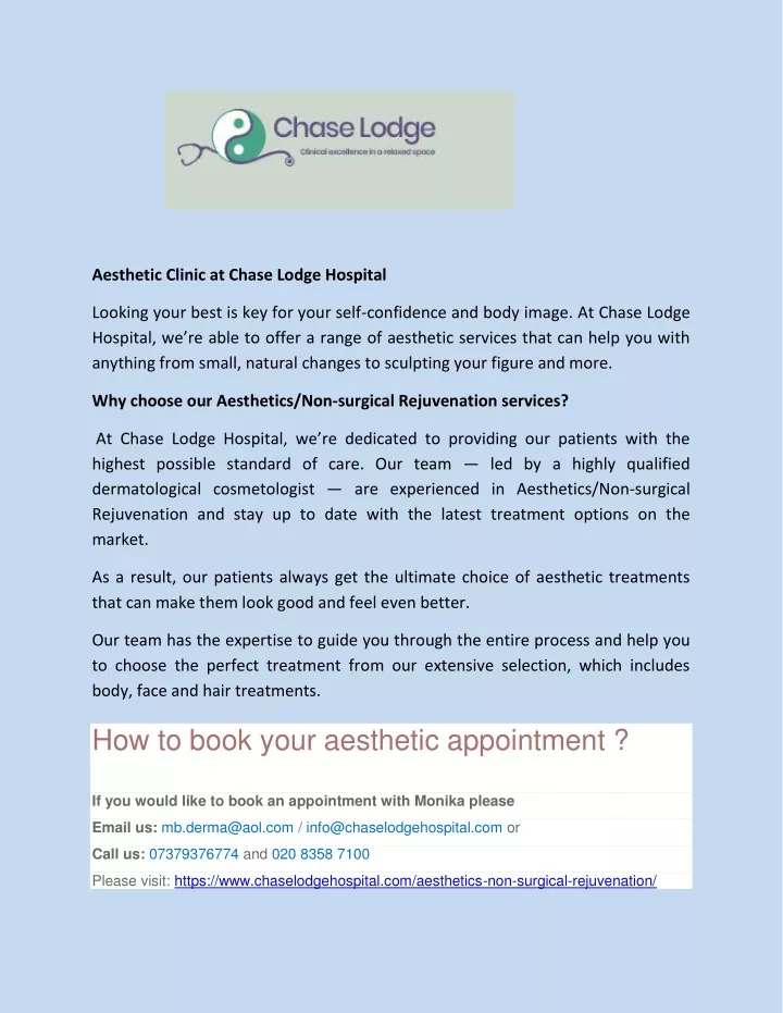 aesthetic clinic at chase lodge hospital