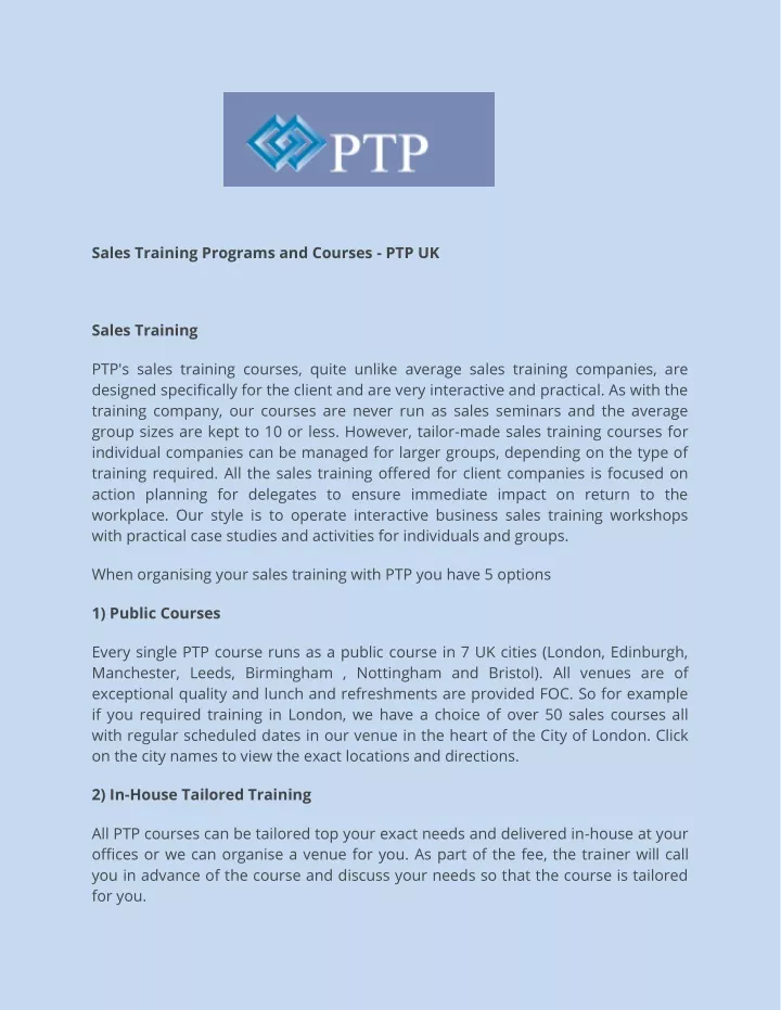 sales training programs and courses ptp uk