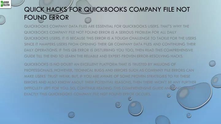 quick hacks for quickbooks company file not found error