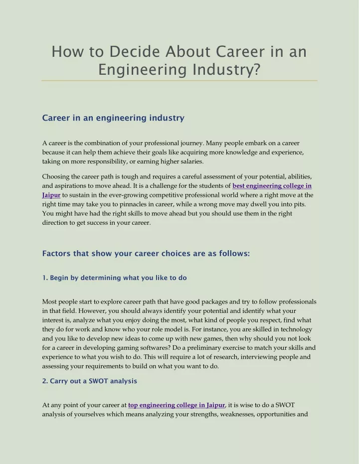 how to decide about career in an engineering