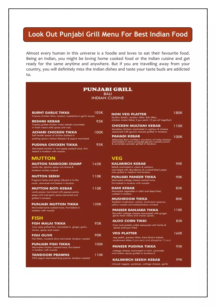 look out punjabi grill menu for best indian food