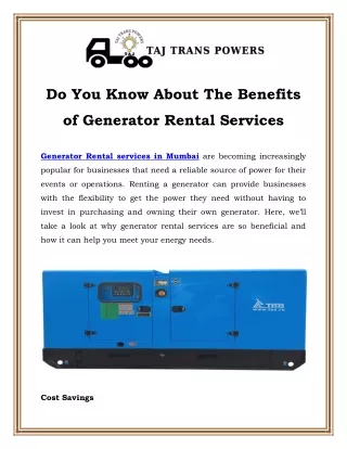 Do You Know About The Benefits of Generator Rental Services
