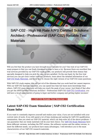 SAP-C02 - High Hit-Rate AWS Certified Solutions Architect - Professional (SAP-C02) Reliable Test Materials