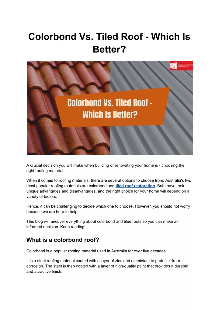 colorbond vs tiled roof which is better