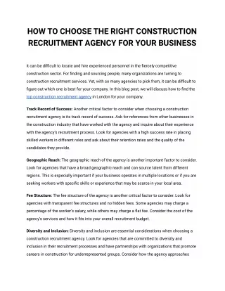 HOW TO CHOOSE THE RIGHT CONSTRUCTION RECRUITMENT AGENCY FOR YOUR BUSINESS
