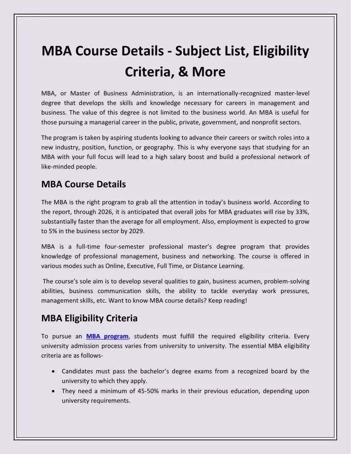 mba course details subject list eligibility