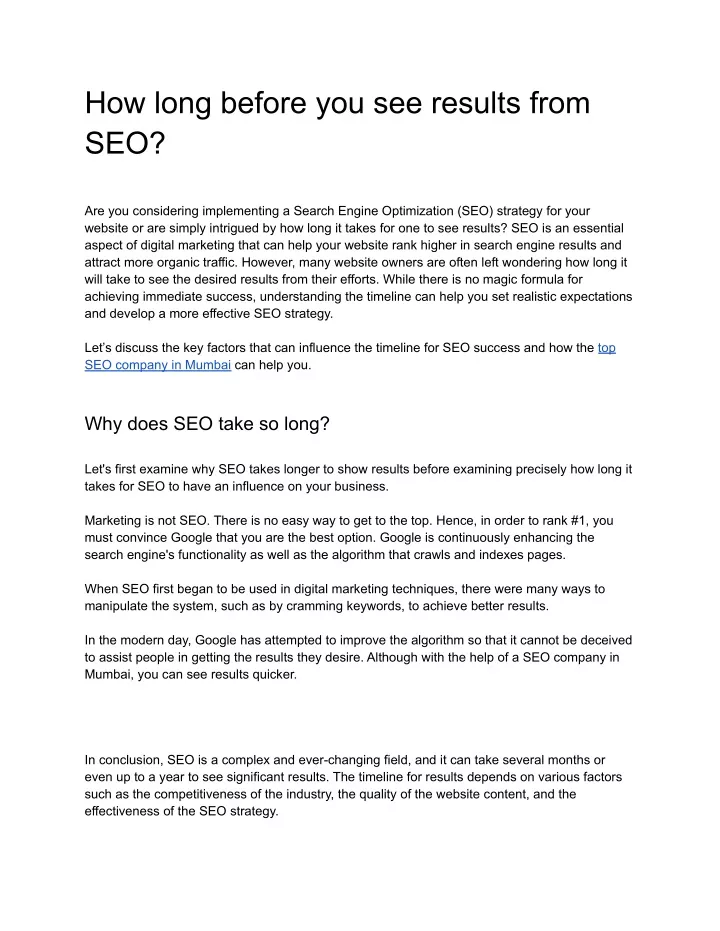 how long before you see results from seo