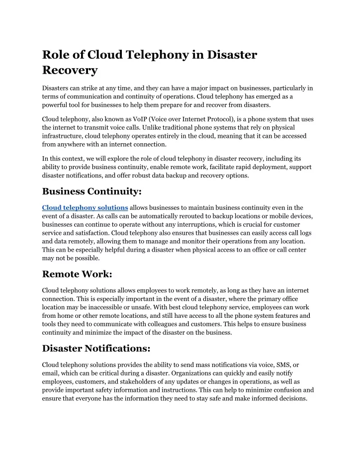 role of cloud telephony in disaster recovery