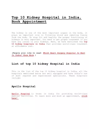 Top 10 Kidney Hospital in India