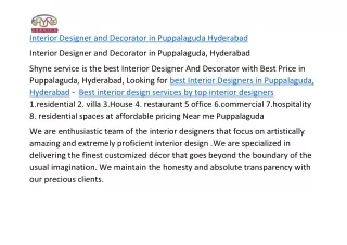Interior Designer and Decorator in Puppalaguda Hyderabad