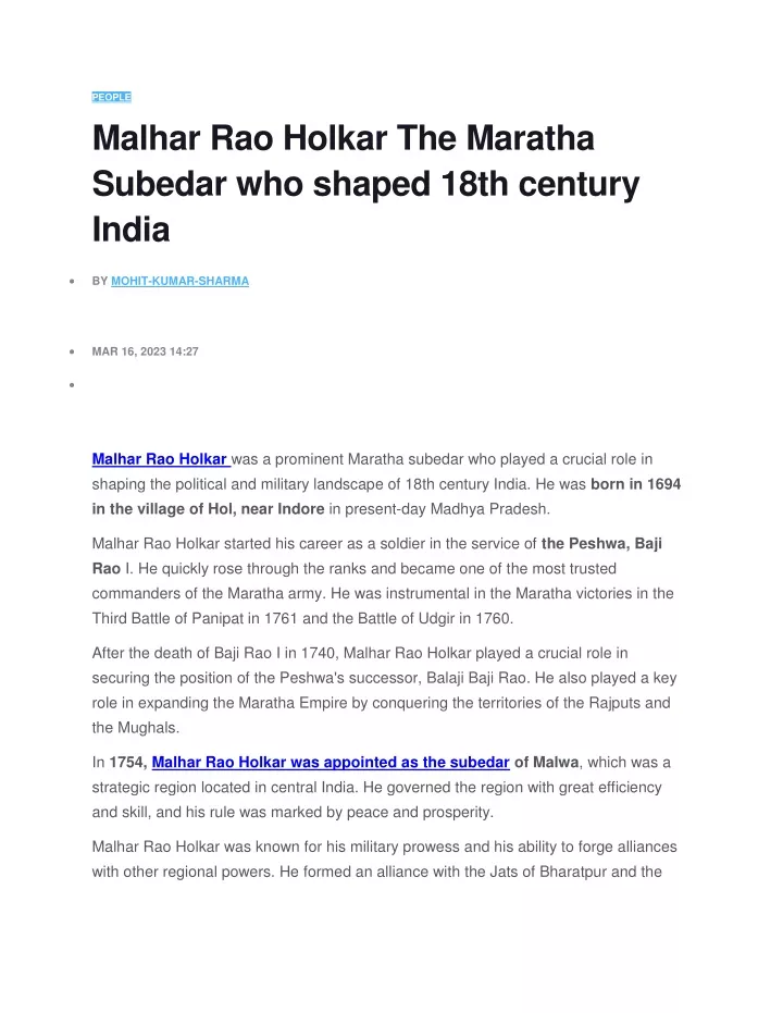 people malhar rao holkar the maratha subedar