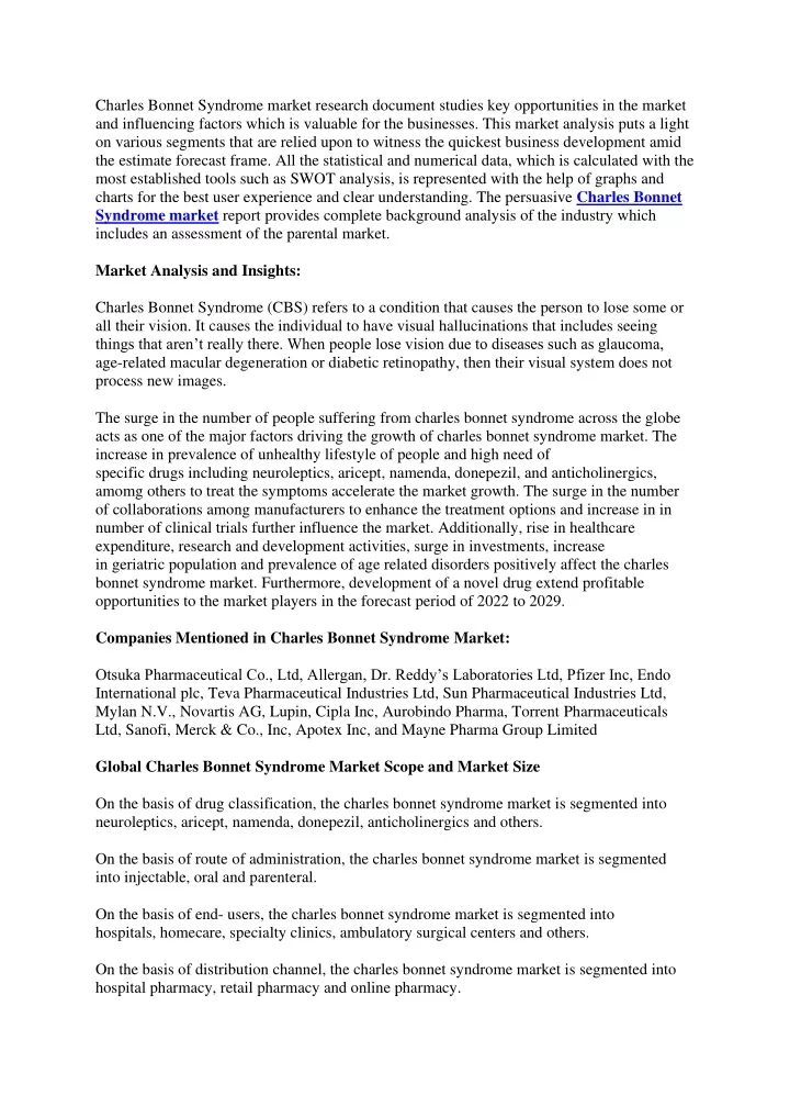 charles bonnet syndrome market research document