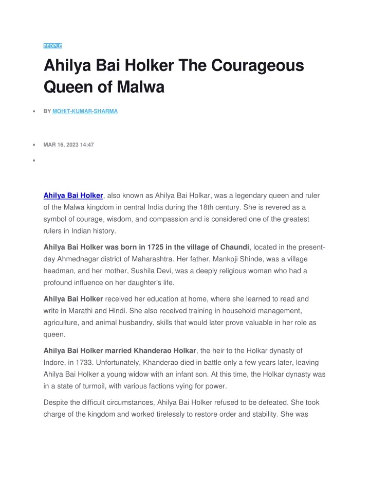 people ahilya bai holker the courageous queen