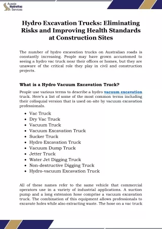 Hydro Excavation Trucks: Eliminating Risks and Improving Health Standards at Con
