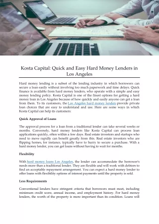 Kosta Capital: Quick and Easy Hard Money Lenders in Los Angeles