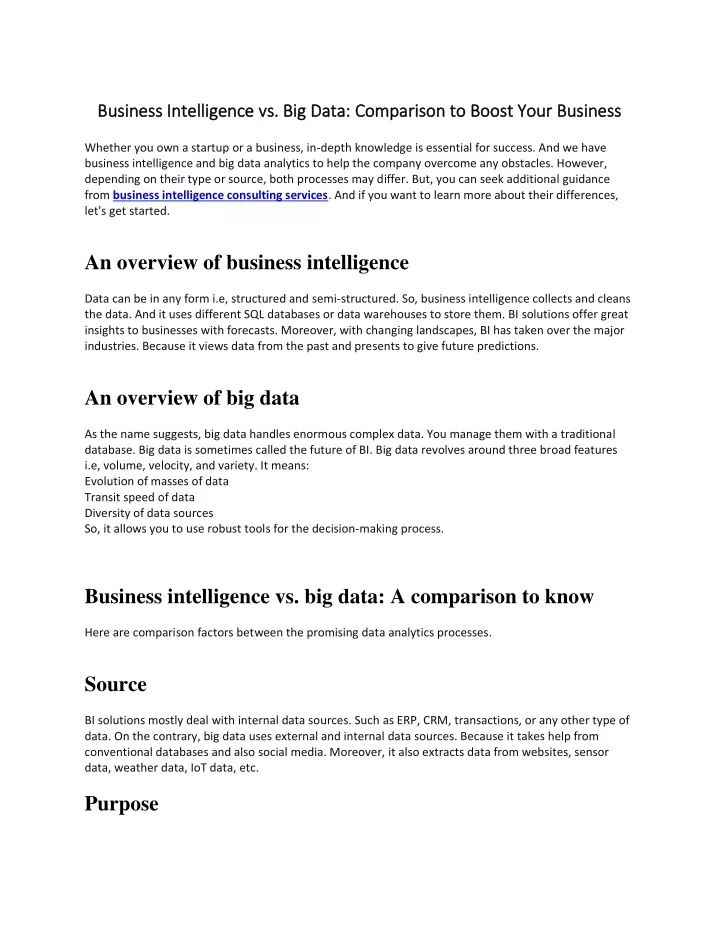 business intelligence vs big data comparison