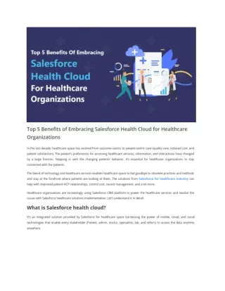 Top 5 Benefits of Embracing Salesforce Health Cloud for Healthcare Organizations
