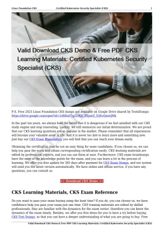 Valid Download CKS Demo & Free PDF CKS Learning Materials: Certified Kubernetes Security Specialist (CKS)