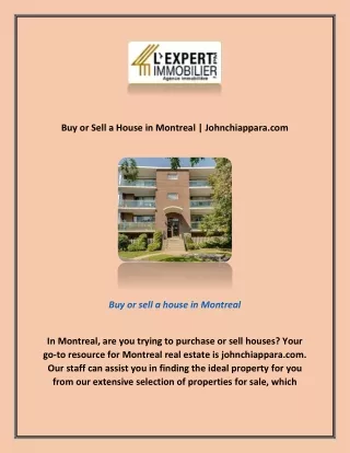 Buy or Sell a House in Montreal | Johnchiappara.com