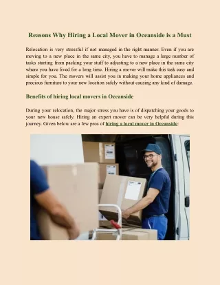 Reasons Why Hiring a Local Mover in Oceanside is a Must