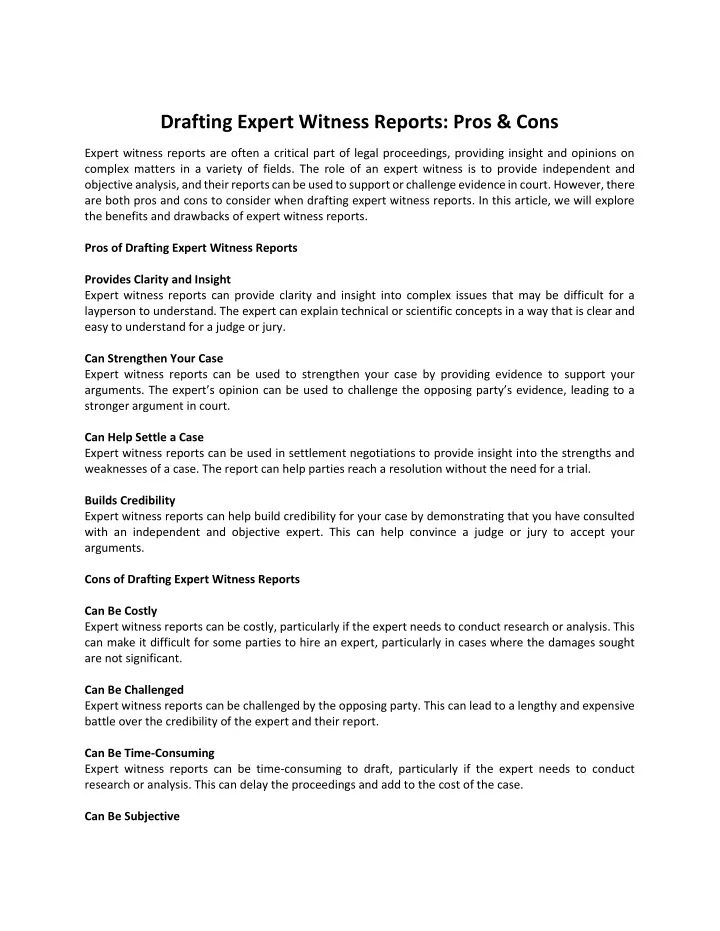 drafting expert witness reports pros cons