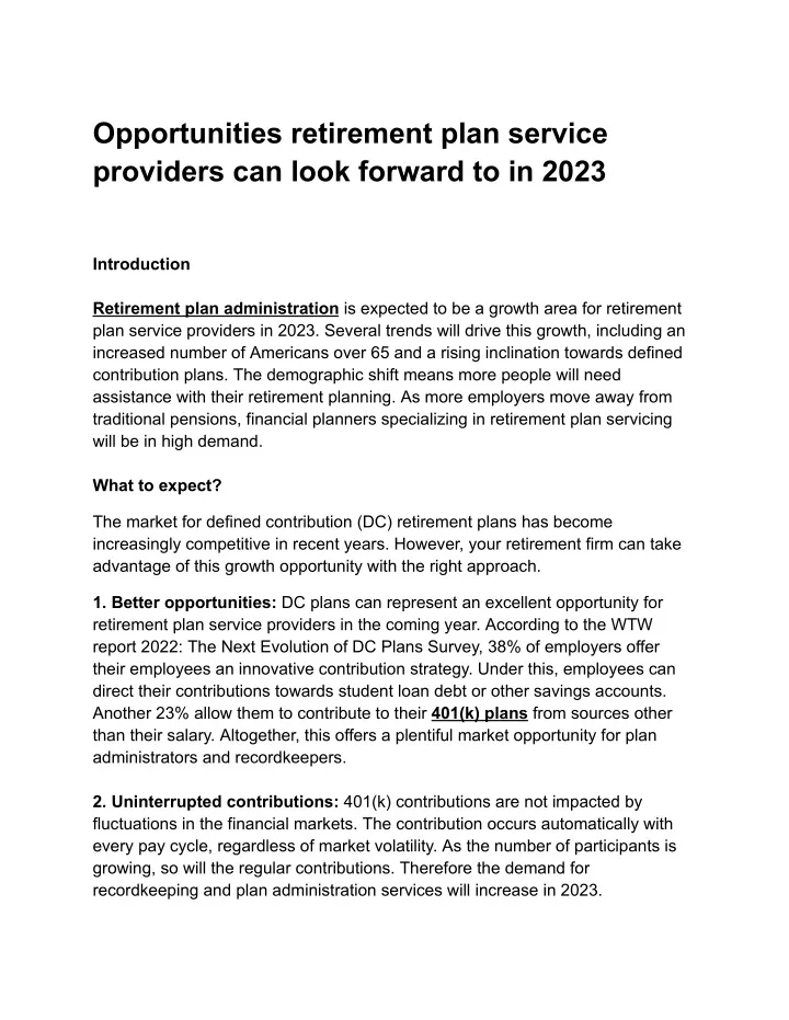 opportunities retirement plan service providers
