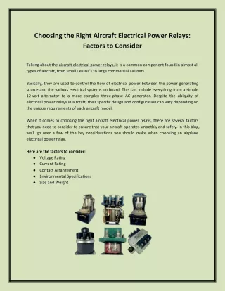 Choosing the Right Aircraft Electrical Power Relays Factors to Consider