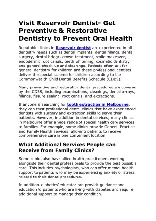 Visit Reservoir Dentist- Get Preventive and Restorative Dentistry to Prevent Oral Health