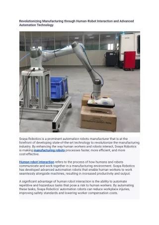 Revolutionizing Manufacturing through Human-Robot Interaction and Advanced Automation Technology