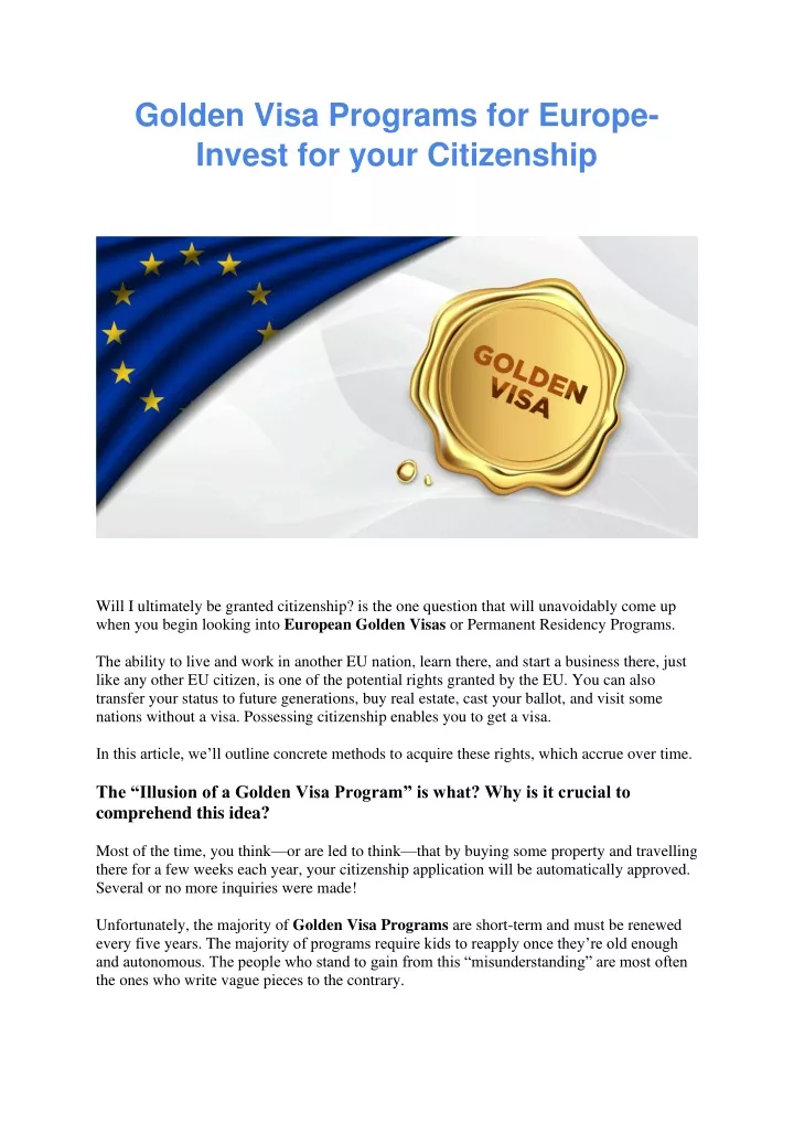 golden visa programs for europe invest for your