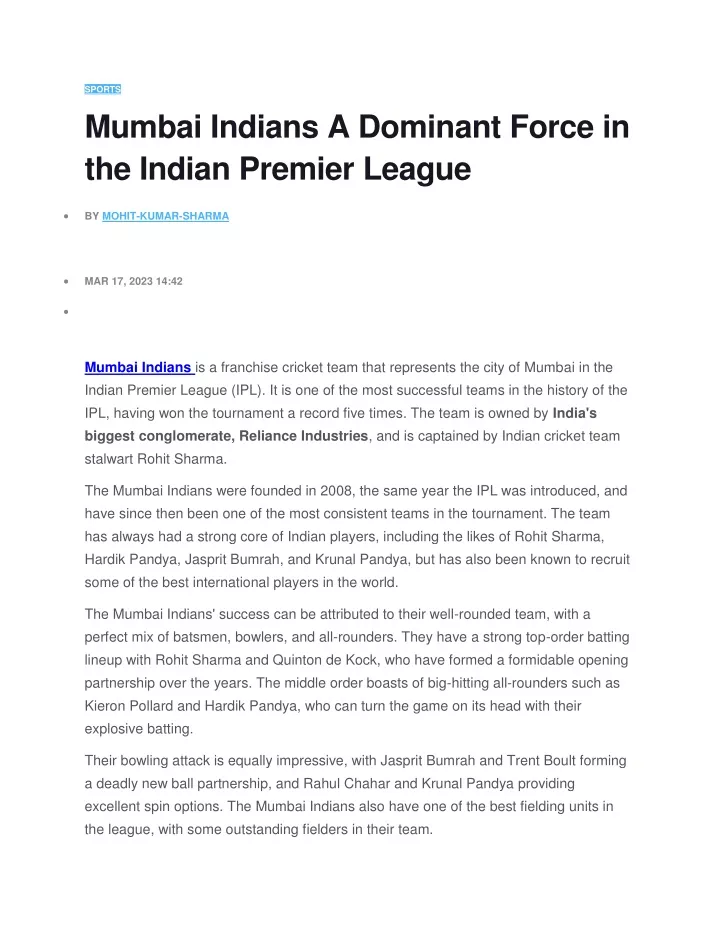 sports mumbai indians a dominant force