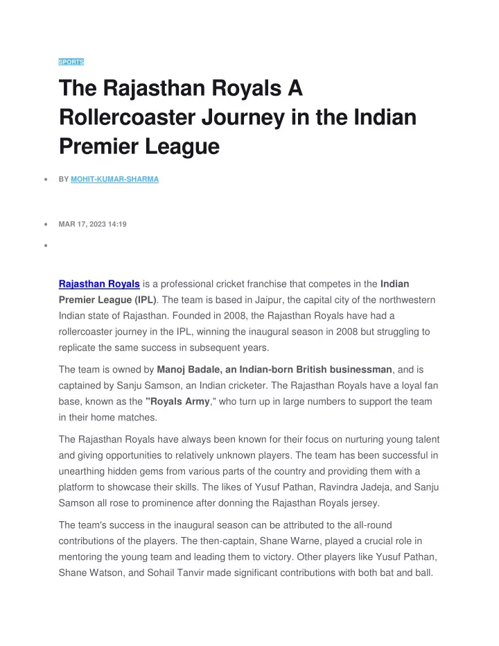 sports the rajasthan royals a rollercoaster