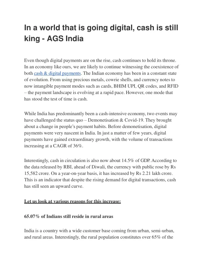 in a world that is going digital cash is still king ags india
