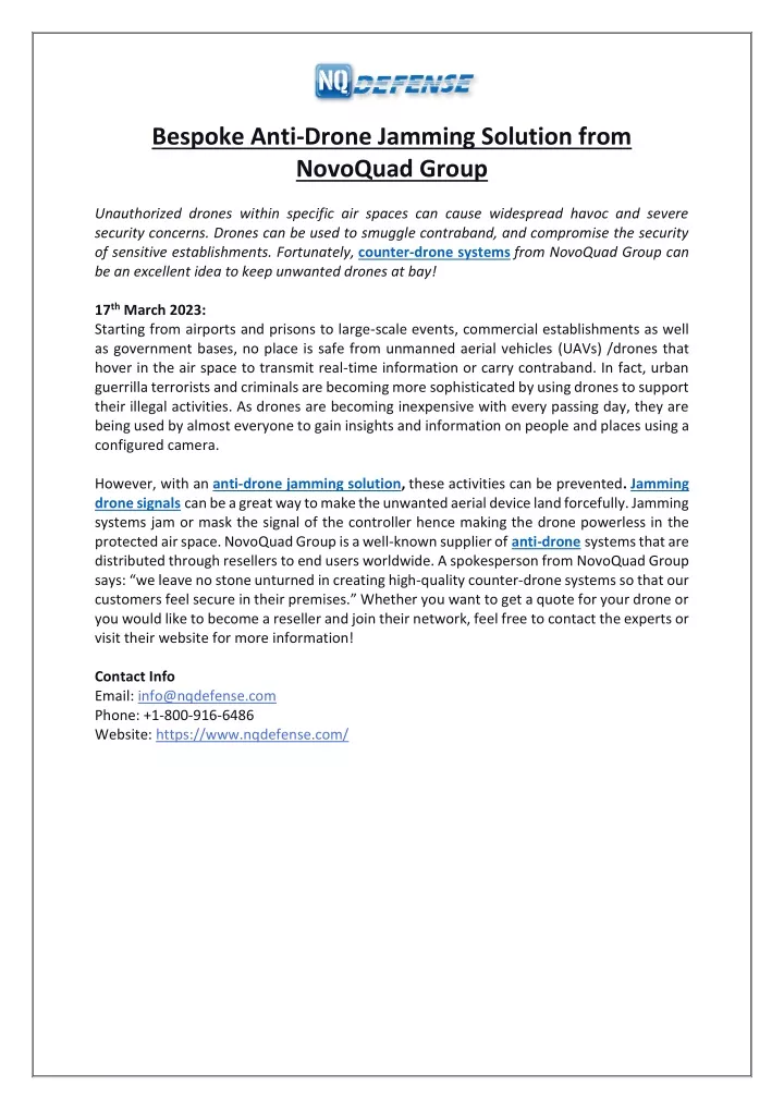 bespoke anti drone jamming solution from novoquad