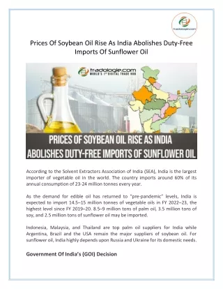 Prices Of Soybean Oil Rise As India Abolishes Duty