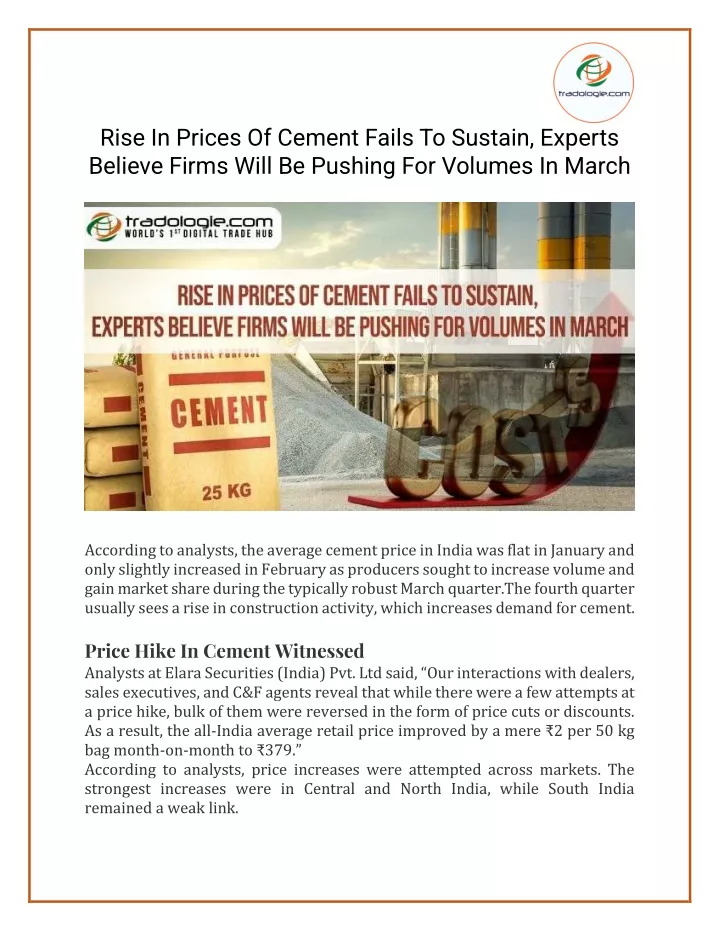 rise in prices of cement fails to sustain experts