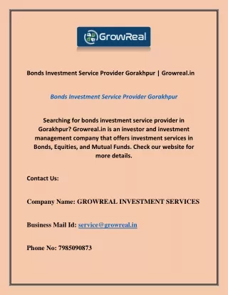 Bonds Investment Service Provider Gorakhpur | Growreal.in